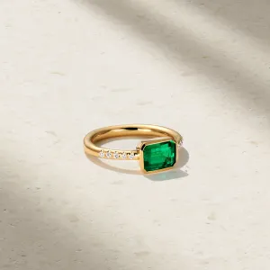 East-West Emerald Cut Emerald and Diamond Bezel Ring