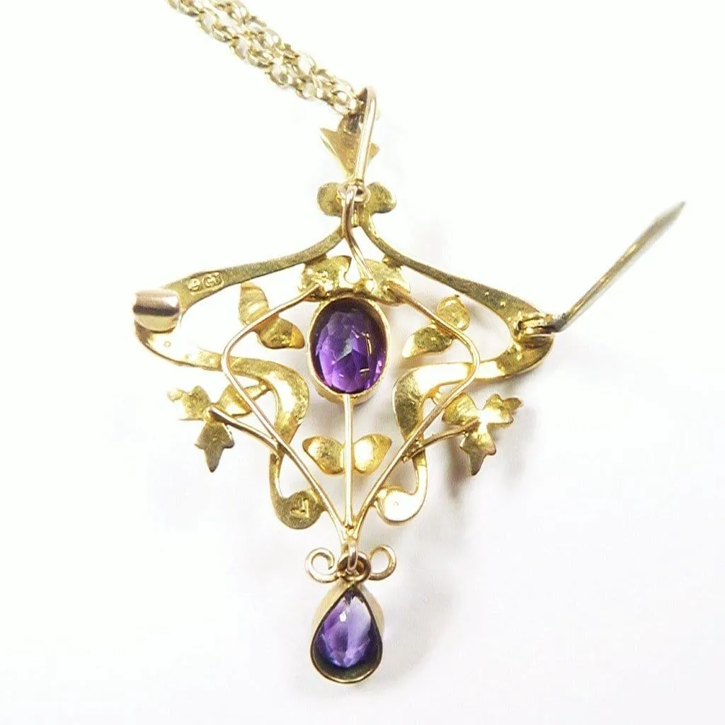 Edwardian Gold Amethyst Seed Pearl Pendant Hallmarked 9ct Yellow Gold Necklace February Birthstone.