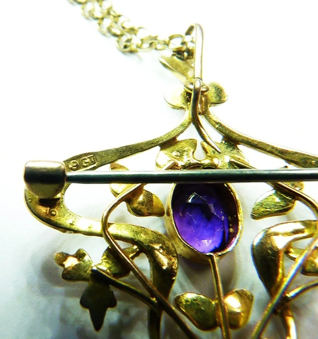 Edwardian Gold Amethyst Seed Pearl Pendant Hallmarked 9ct Yellow Gold Necklace February Birthstone.