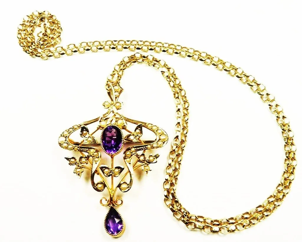 Edwardian Gold Amethyst Seed Pearl Pendant Hallmarked 9ct Yellow Gold Necklace February Birthstone.