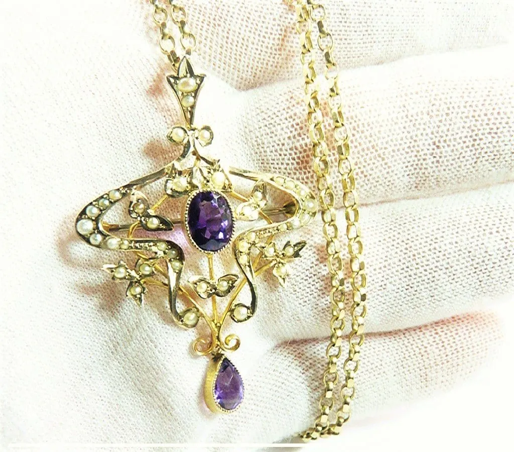 Edwardian Gold Amethyst Seed Pearl Pendant Hallmarked 9ct Yellow Gold Necklace February Birthstone.