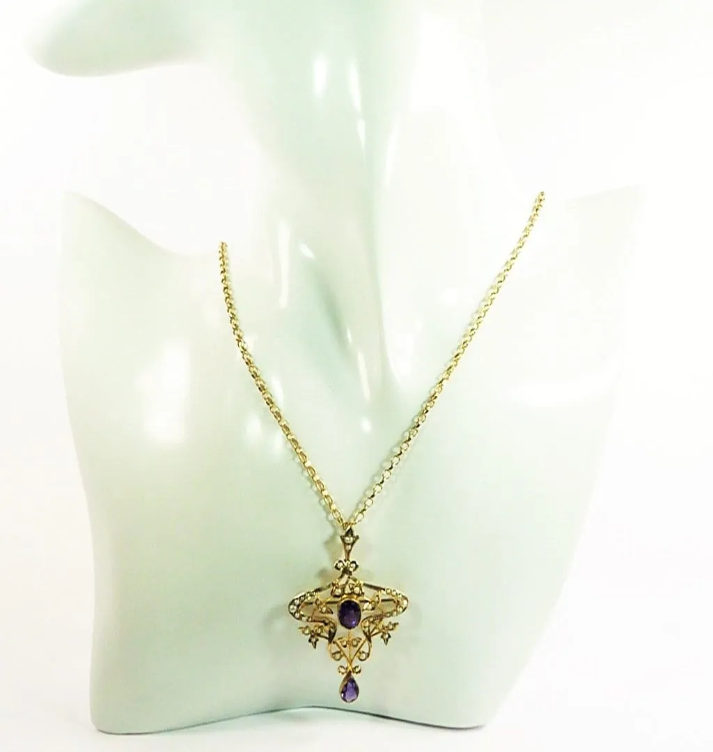 Edwardian Gold Amethyst Seed Pearl Pendant Hallmarked 9ct Yellow Gold Necklace February Birthstone.