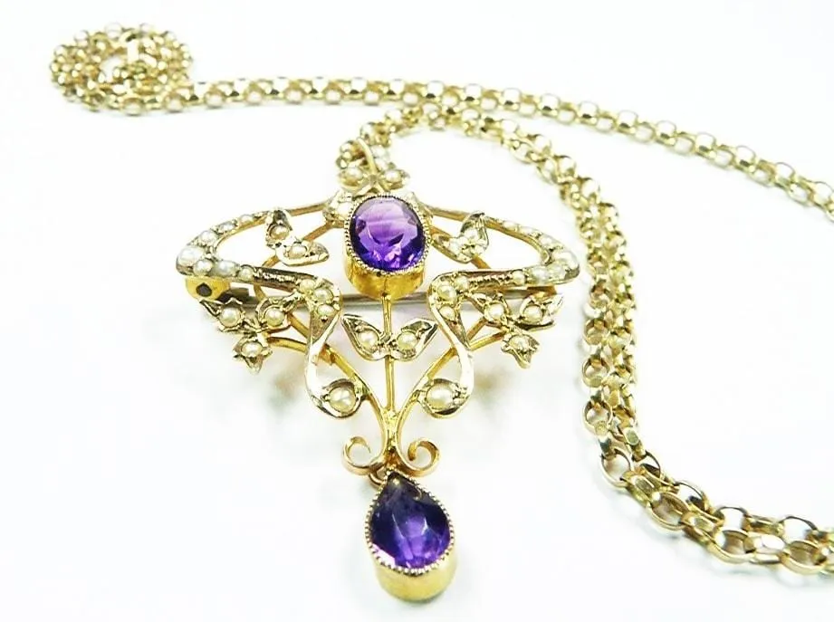 Edwardian Gold Amethyst Seed Pearl Pendant Hallmarked 9ct Yellow Gold Necklace February Birthstone.