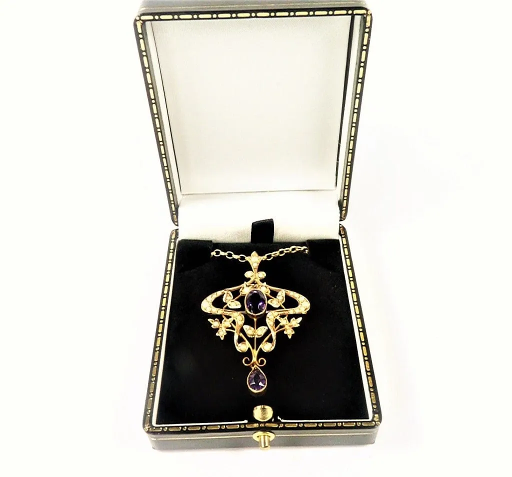 Edwardian Gold Amethyst Seed Pearl Pendant Hallmarked 9ct Yellow Gold Necklace February Birthstone.