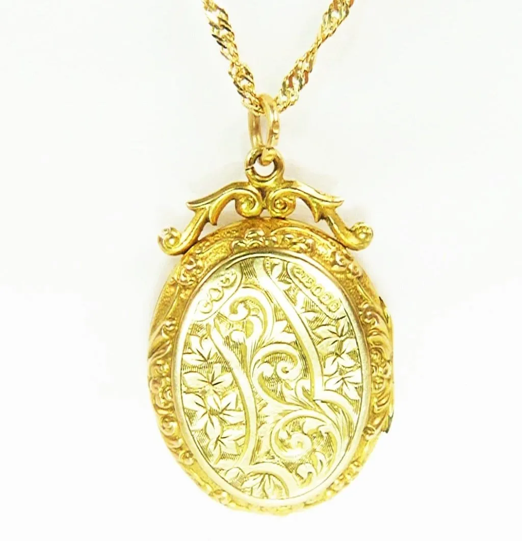 Edwardian Hallmarked 9ct Yellow Gold Locket Heart Cartouche E R With Elegant 18 Inch Necklace