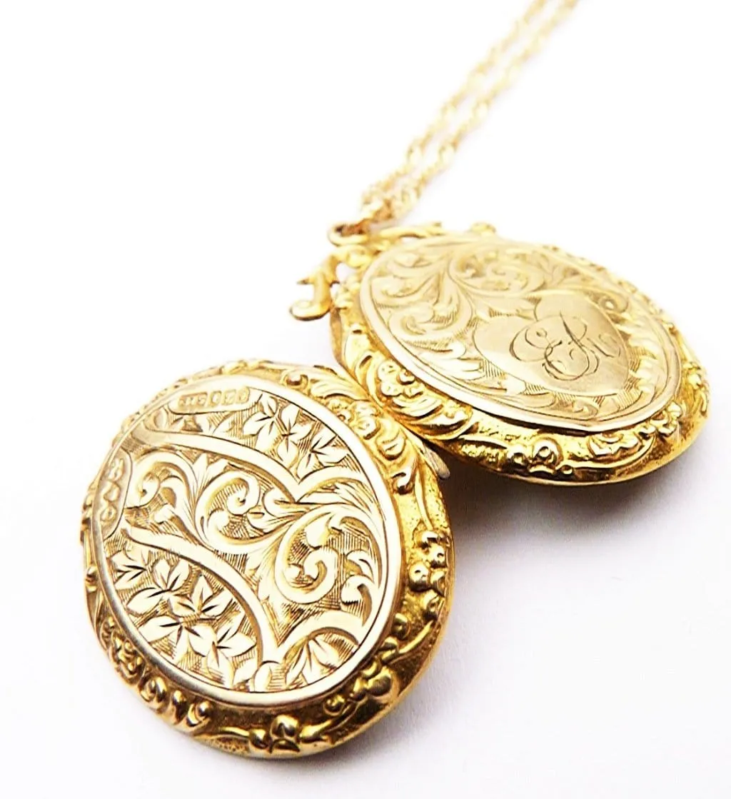 Edwardian Hallmarked 9ct Yellow Gold Locket Heart Cartouche E R With Elegant 18 Inch Necklace