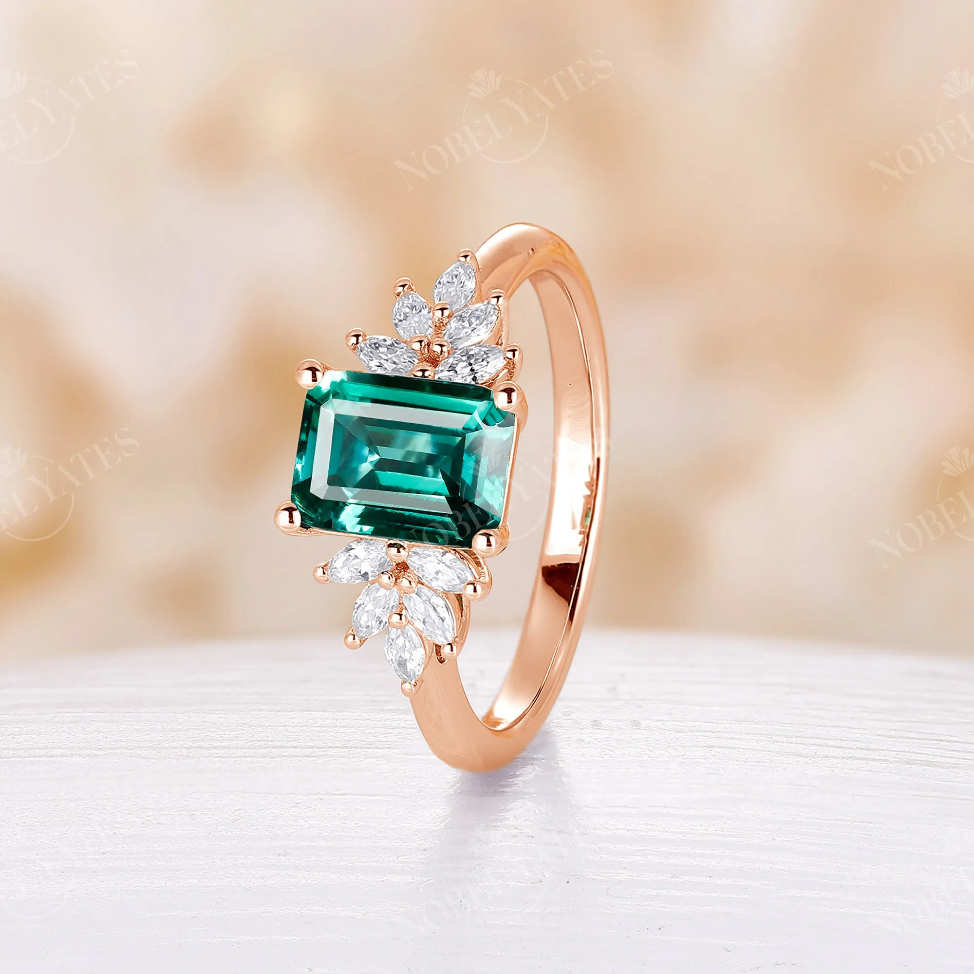 Emerald Cut Lab Emerald Vintage Cluster Engagement Ring Rose Gold