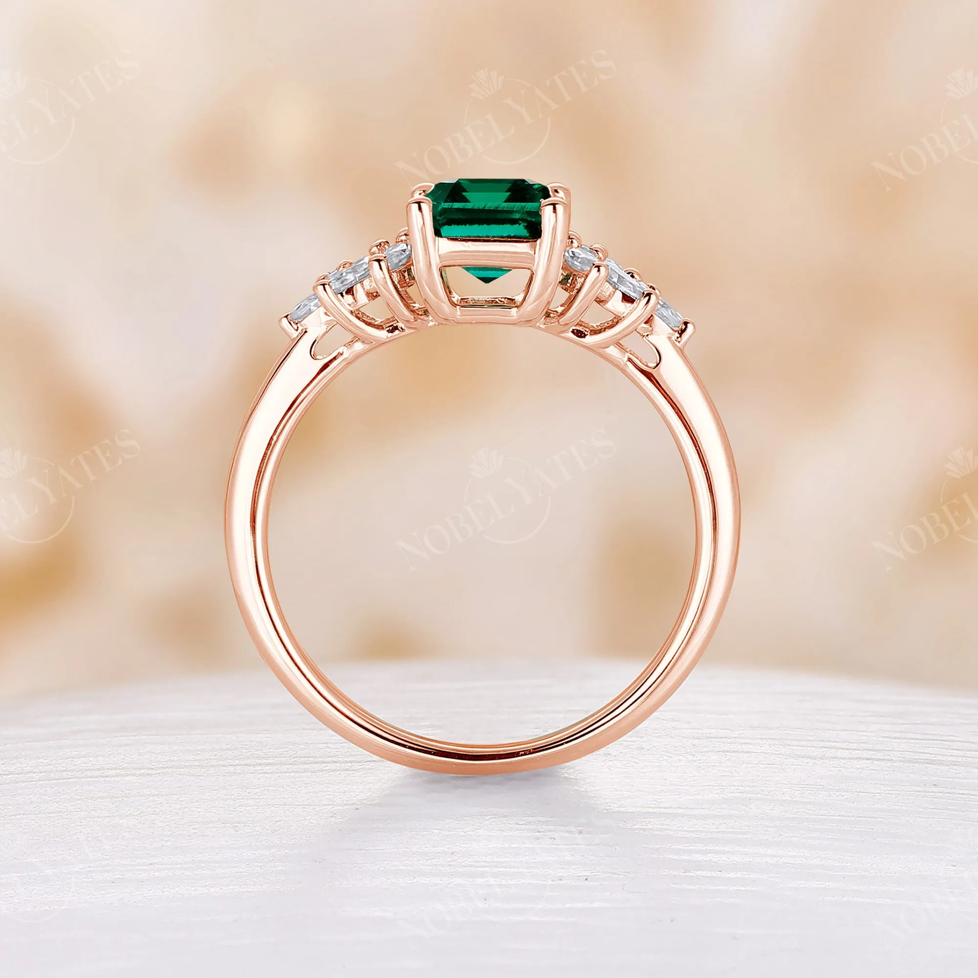 Emerald Cut Lab Emerald Vintage Cluster Engagement Ring Rose Gold