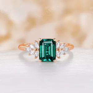 Emerald Cut Lab Emerald Vintage Cluster Engagement Ring Rose Gold