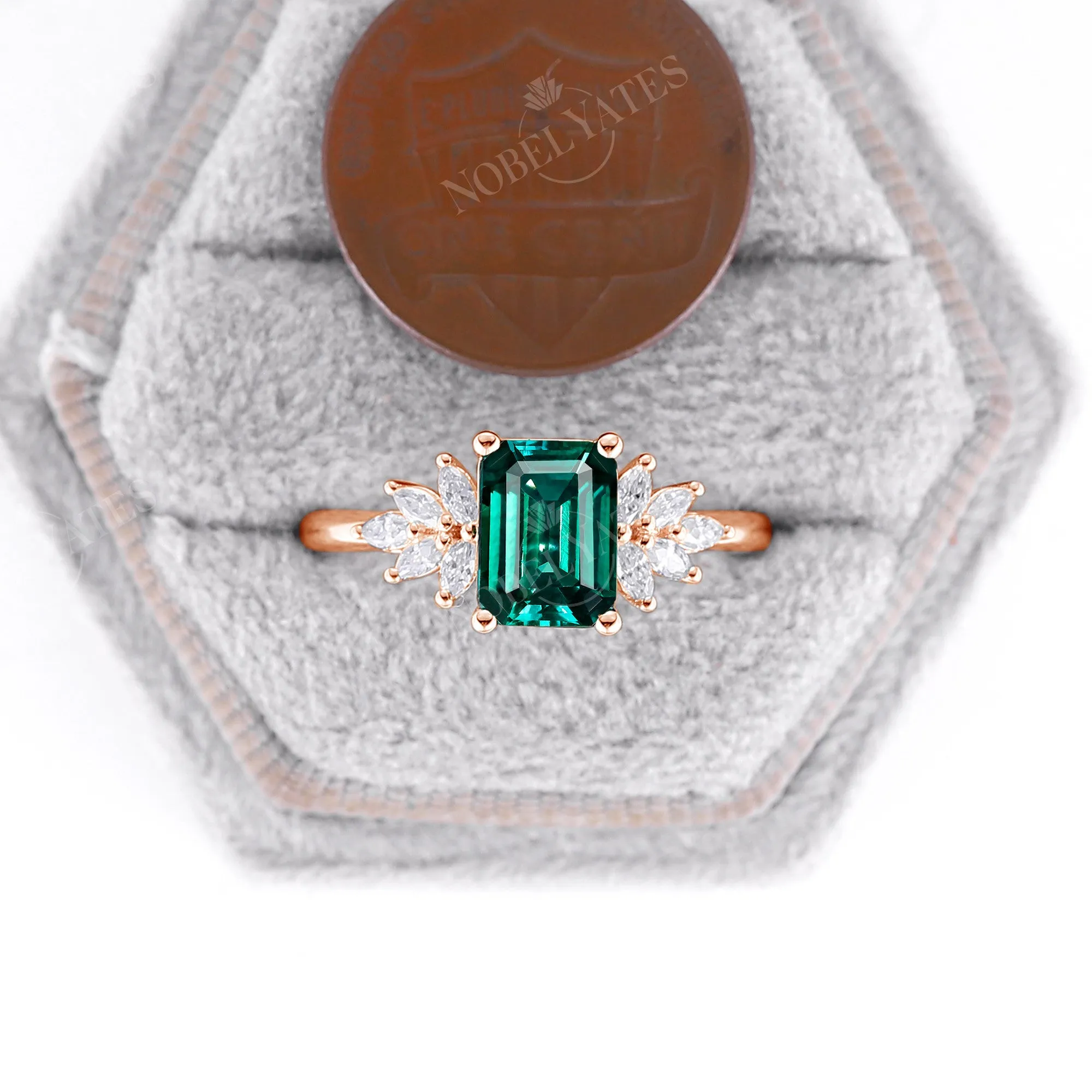 Emerald Cut Lab Emerald Vintage Cluster Engagement Ring Rose Gold