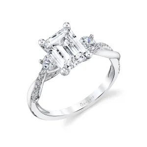 Emerald Cut Three Stone Twist Engagement Ring - Evangeline Platinum White