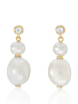 Eve double baroque pearl earrings in gold and white topaz