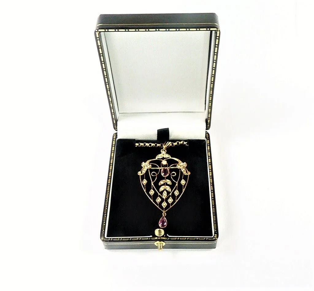 Fabulous Edwardian HEART SHAPED Seed Pearl Tourmaline Hallmarked Gold Pendant And Necklace October Birthday Gift