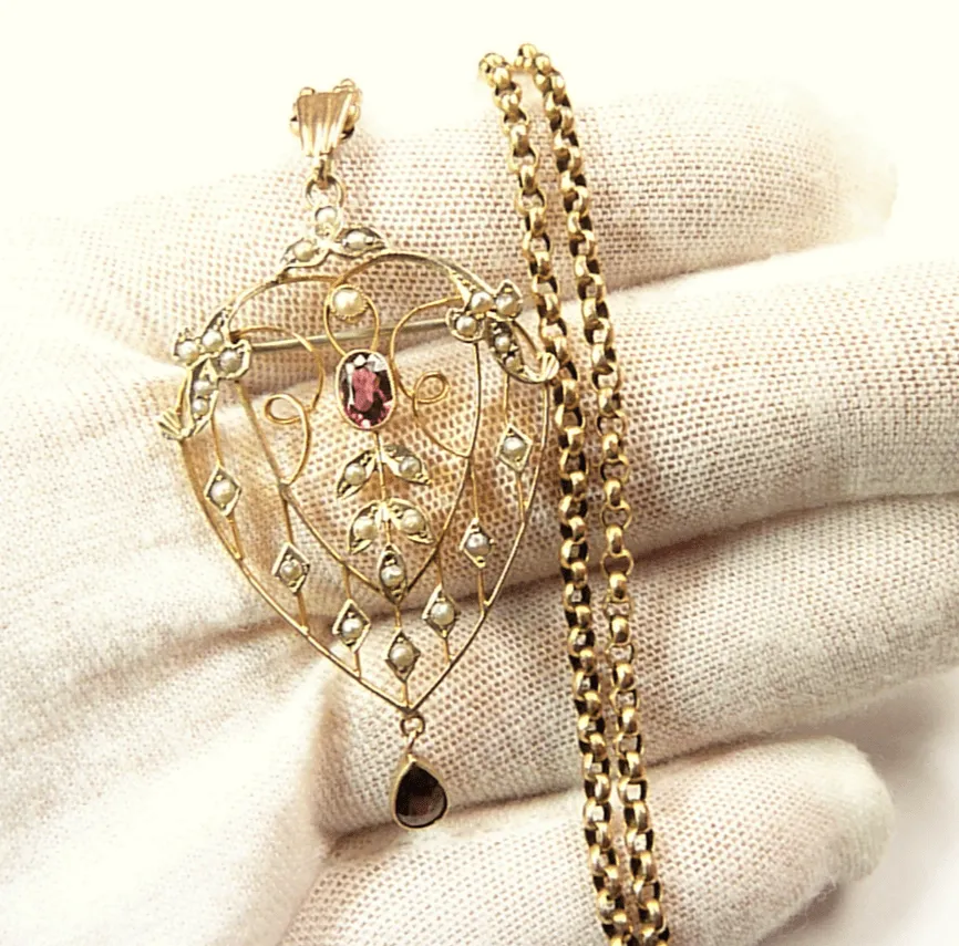 Fabulous Edwardian HEART SHAPED Seed Pearl Tourmaline Hallmarked Gold Pendant And Necklace October Birthday Gift