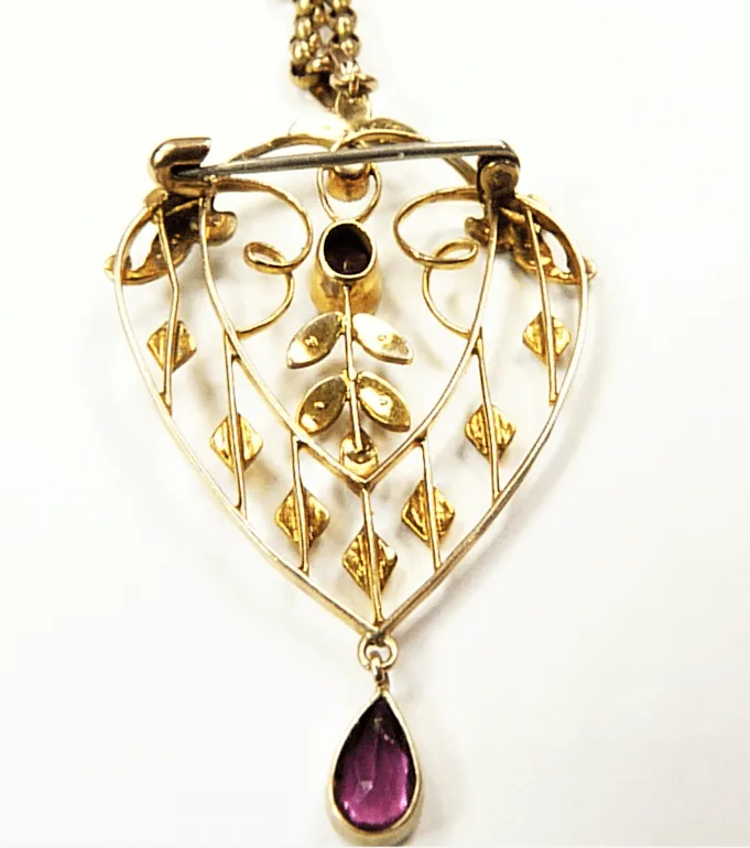 Fabulous Edwardian HEART SHAPED Seed Pearl Tourmaline Hallmarked Gold Pendant And Necklace October Birthday Gift