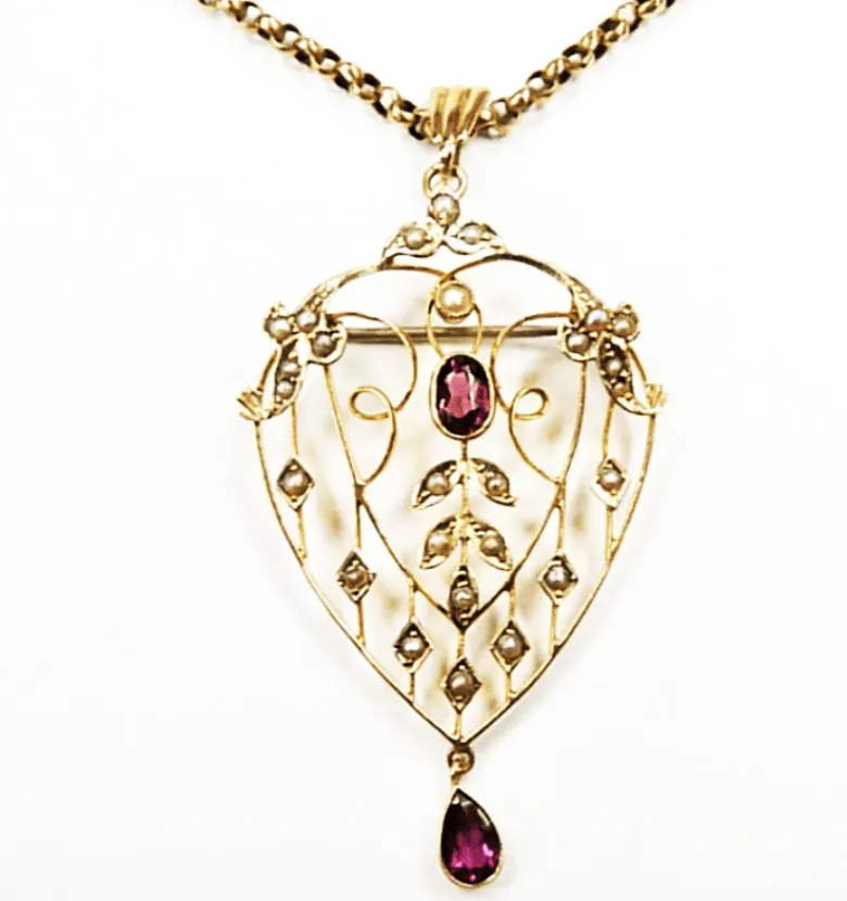 Fabulous Edwardian HEART SHAPED Seed Pearl Tourmaline Hallmarked Gold Pendant And Necklace October Birthday Gift