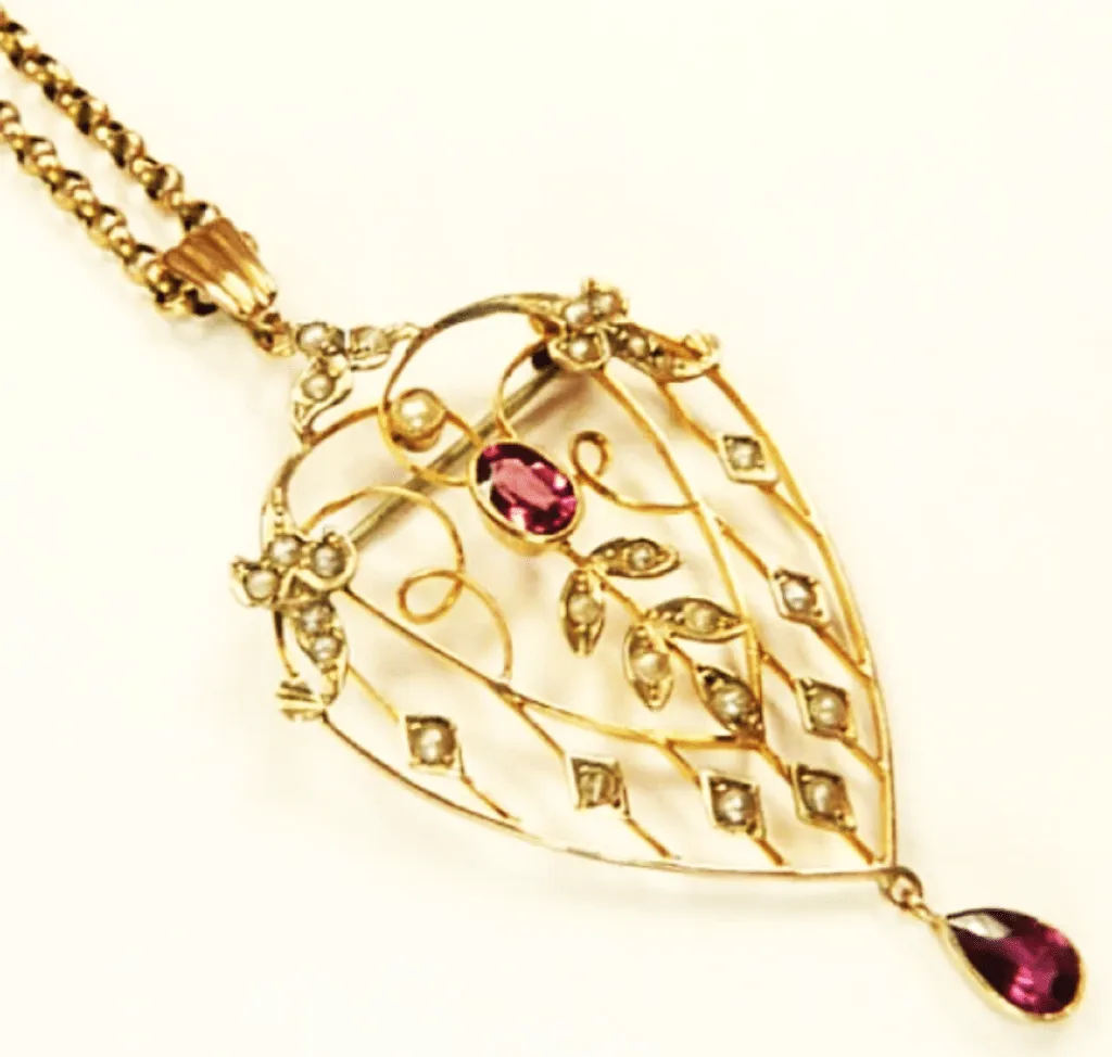 Fabulous Edwardian HEART SHAPED Seed Pearl Tourmaline Hallmarked Gold Pendant And Necklace October Birthday Gift