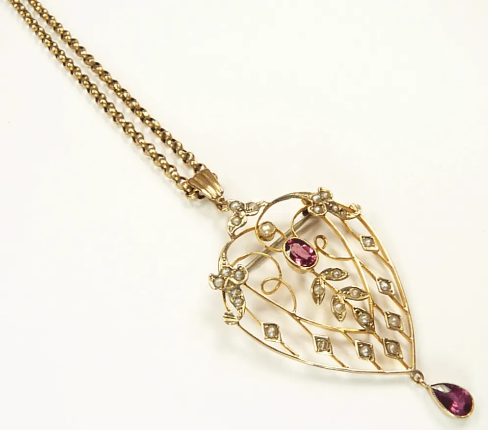 Fabulous Edwardian HEART SHAPED Seed Pearl Tourmaline Hallmarked Gold Pendant And Necklace October Birthday Gift