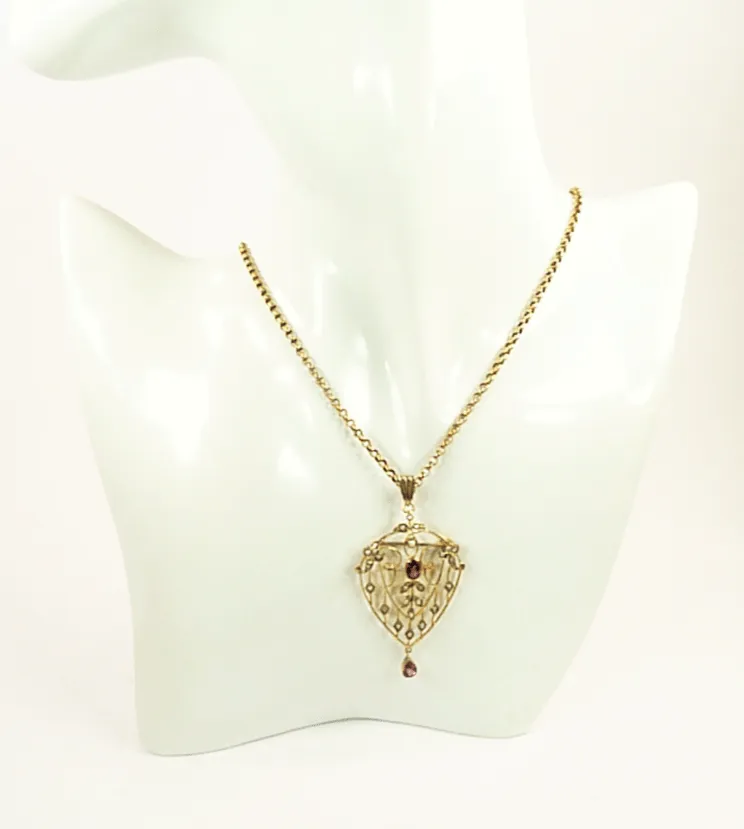 Fabulous Edwardian HEART SHAPED Seed Pearl Tourmaline Hallmarked Gold Pendant And Necklace October Birthday Gift