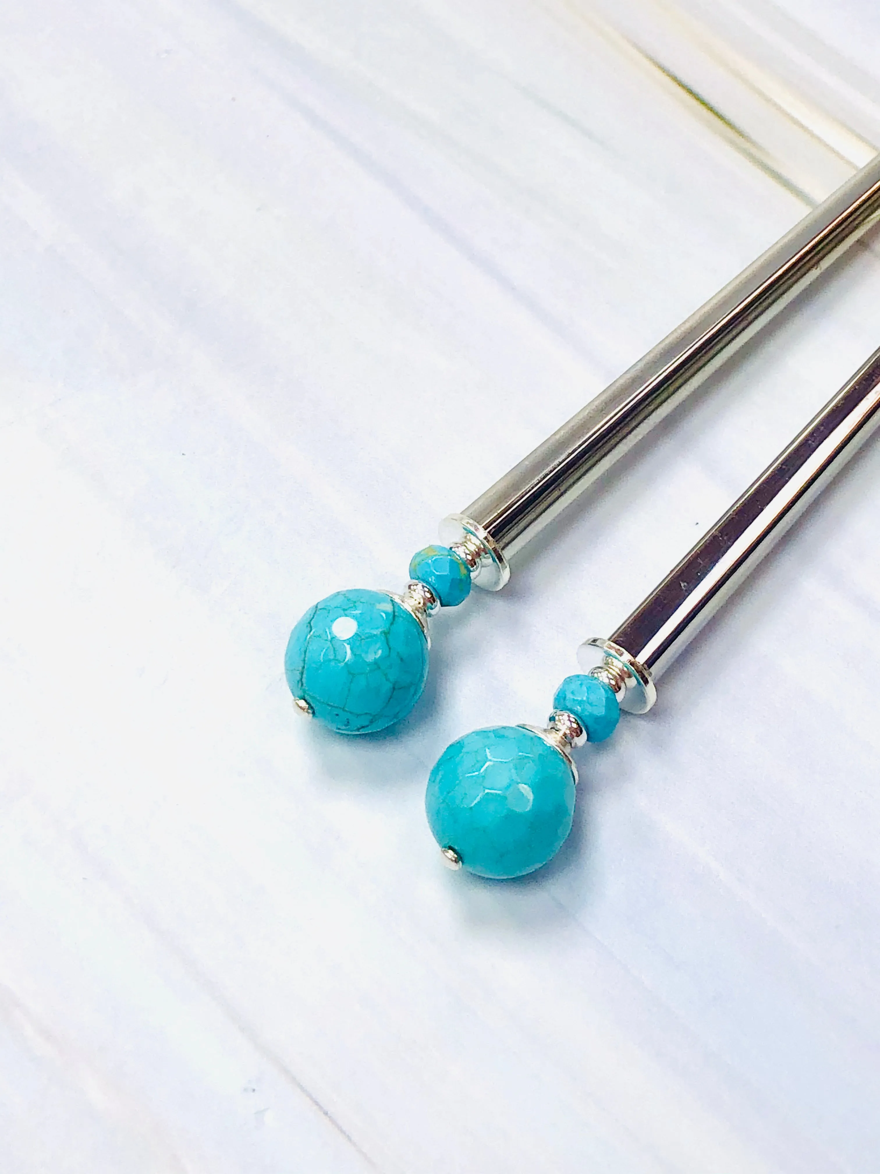 Faceted Turquoise Gemstone Hair Sticks, Boho Hair Jewelry