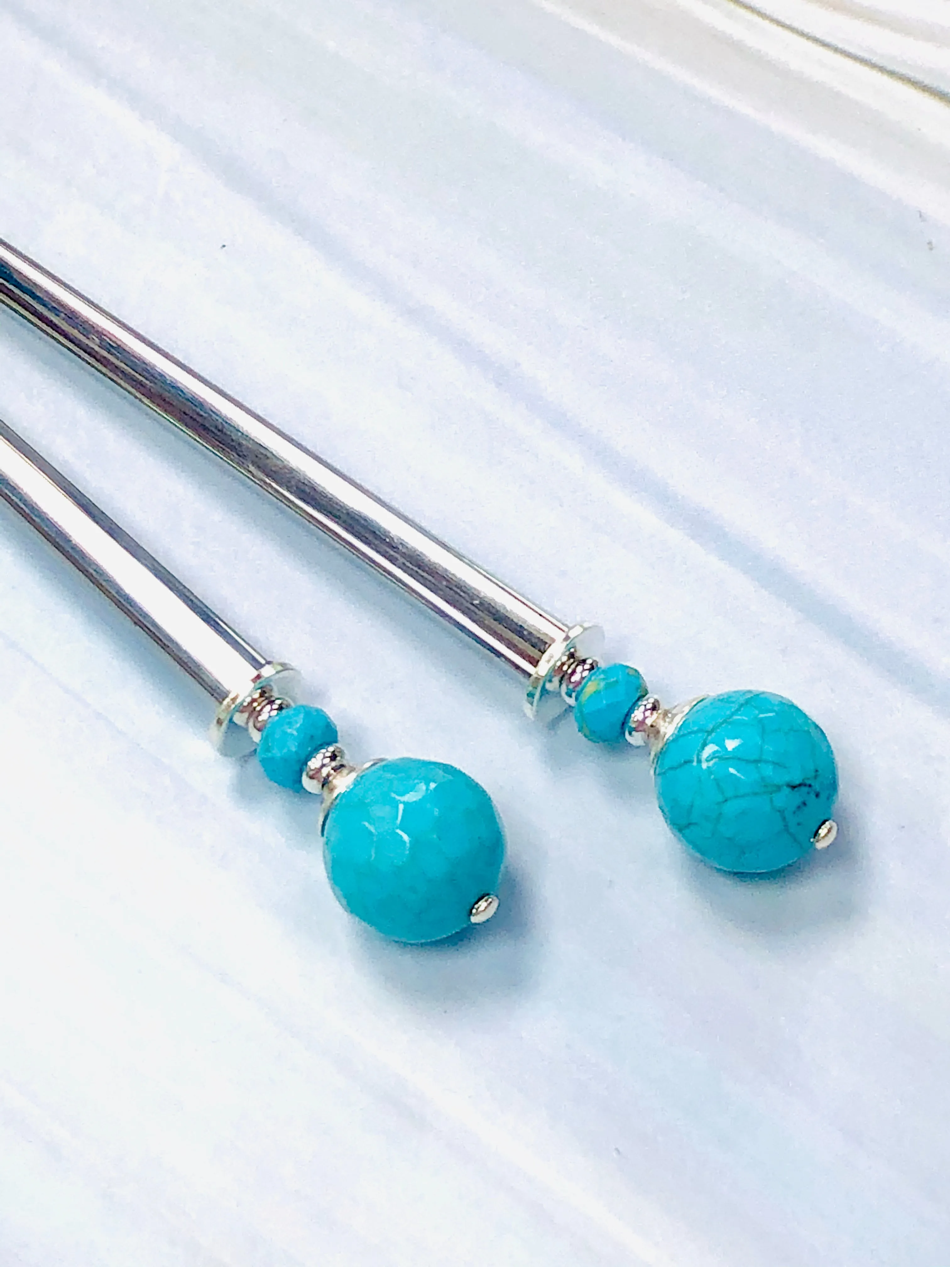 Faceted Turquoise Gemstone Hair Sticks, Boho Hair Jewelry