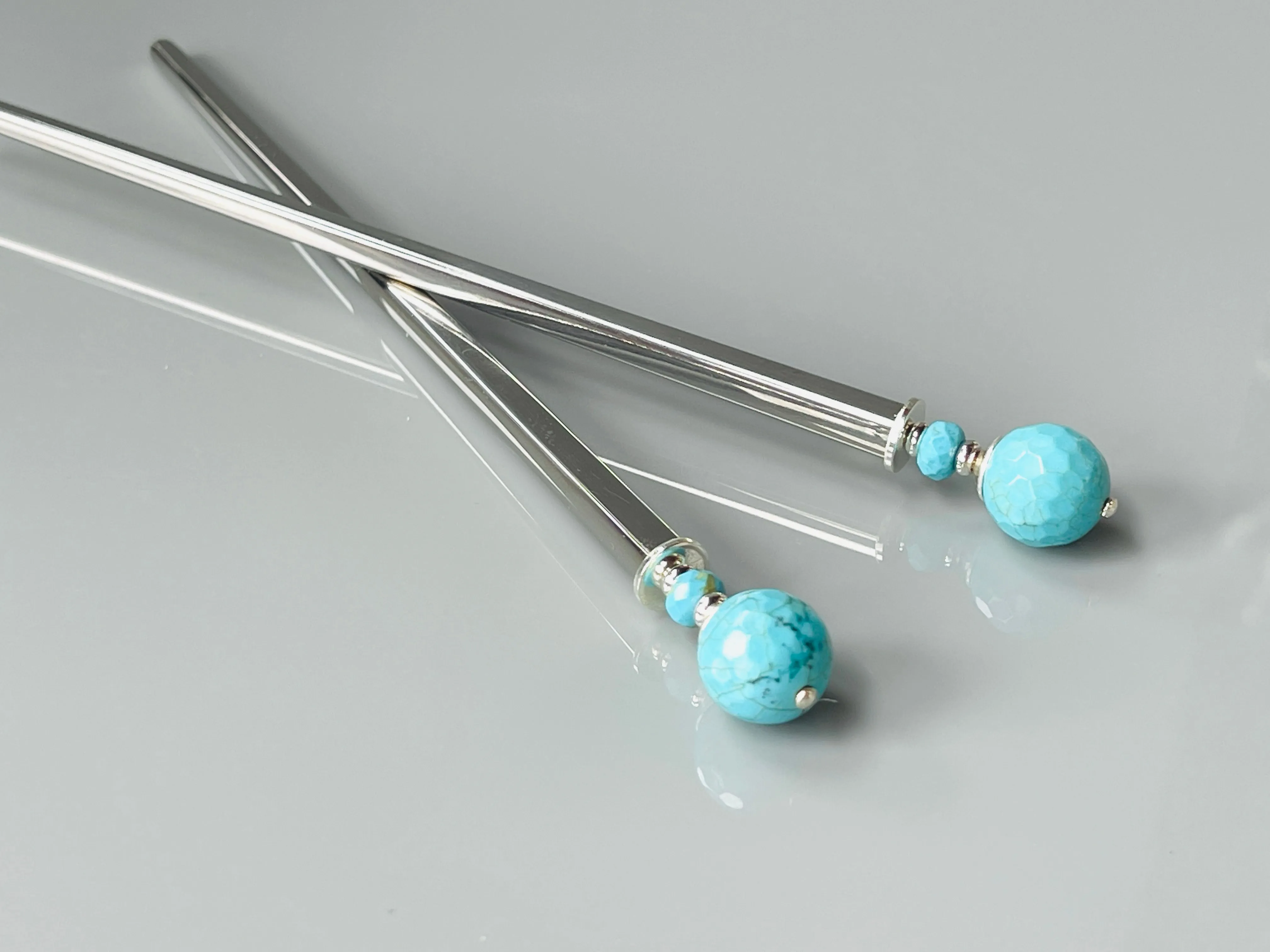 Faceted Turquoise Gemstone Hair Sticks, Boho Hair Jewelry