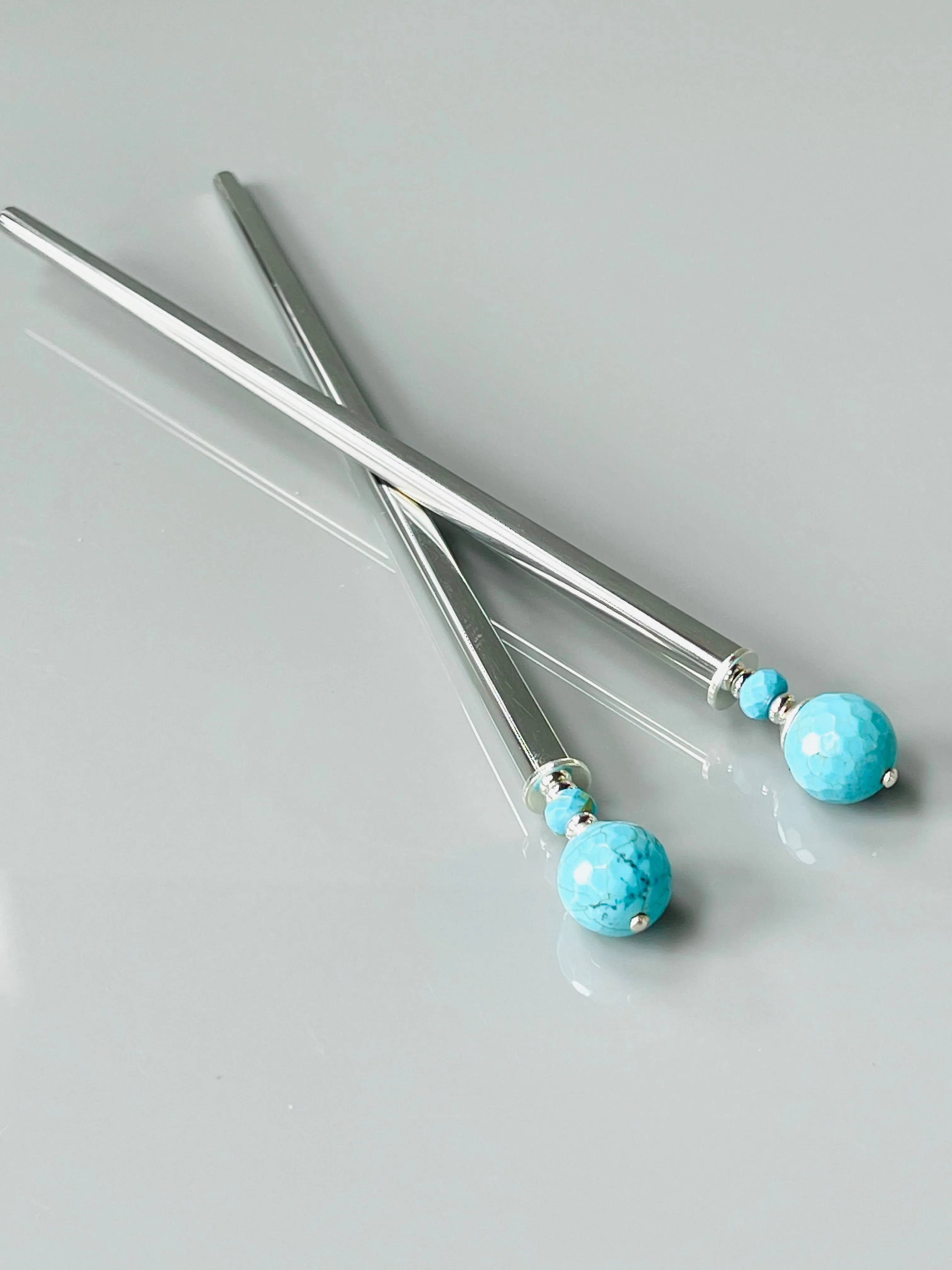 Faceted Turquoise Gemstone Hair Sticks, Boho Hair Jewelry