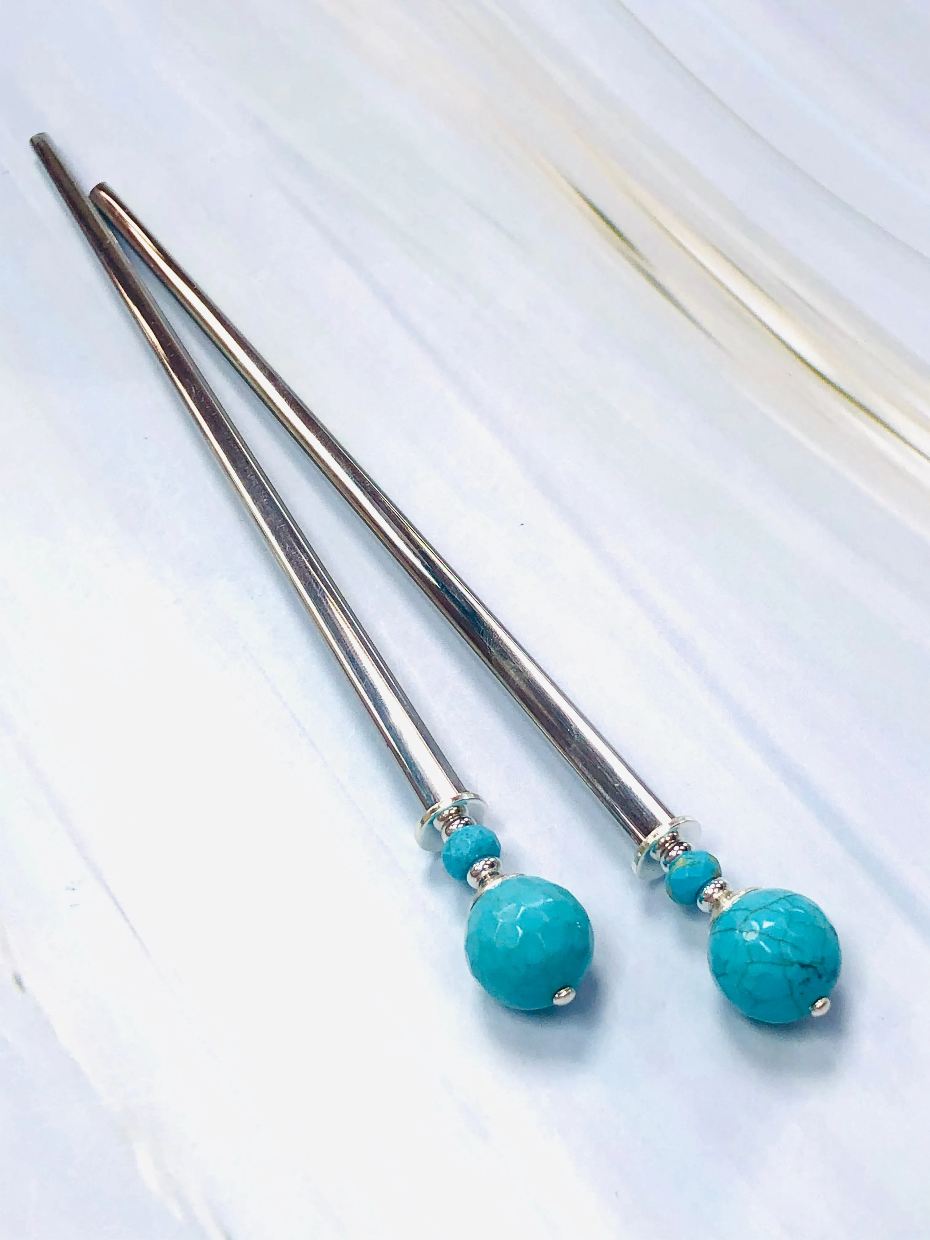 Faceted Turquoise Gemstone Hair Sticks, Boho Hair Jewelry