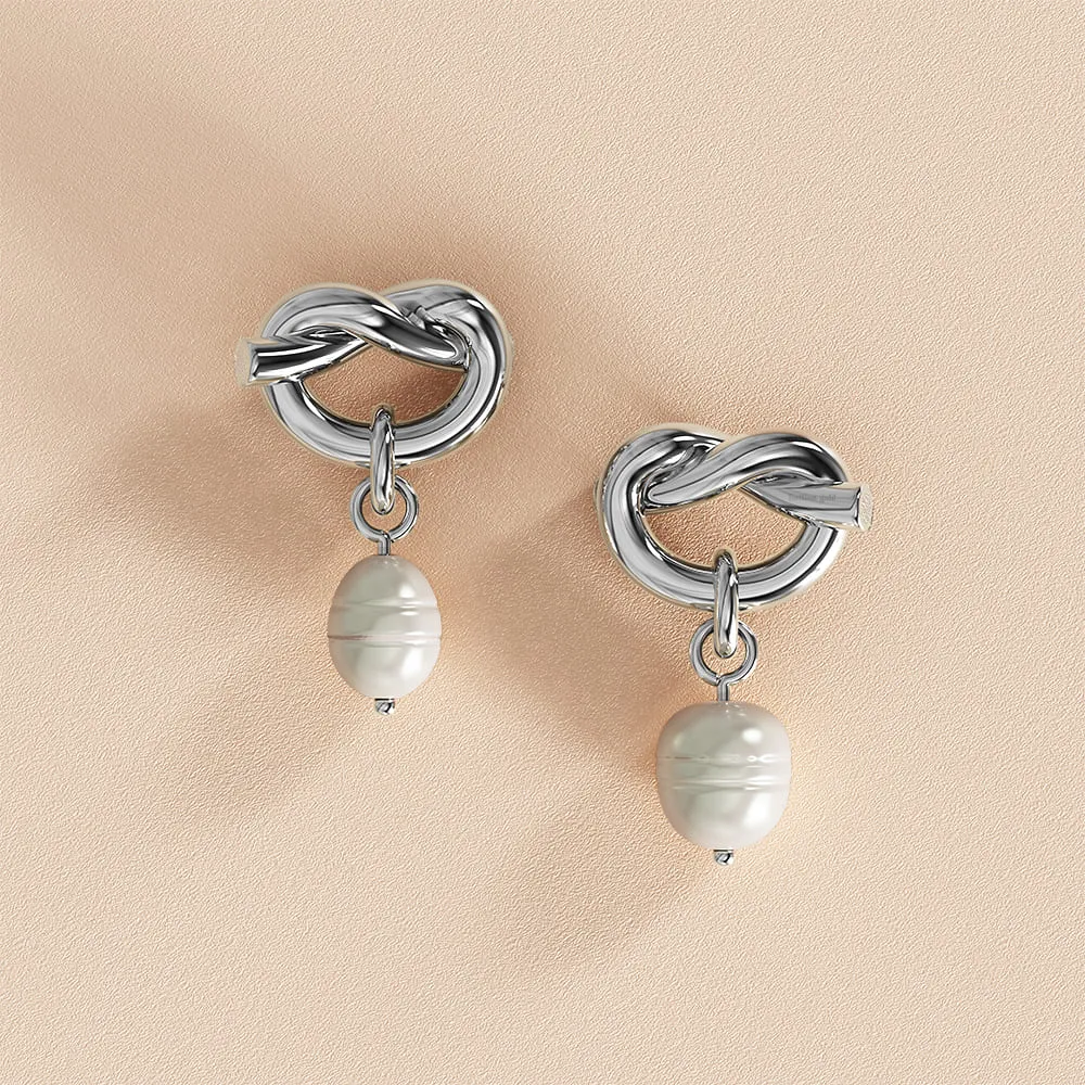 Forever Knot White Gold Layered Pearl Earrings