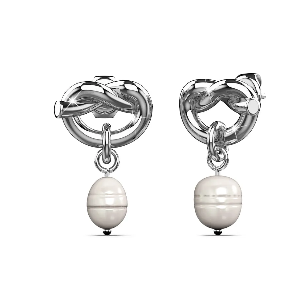 Forever Knot White Gold Layered Pearl Earrings