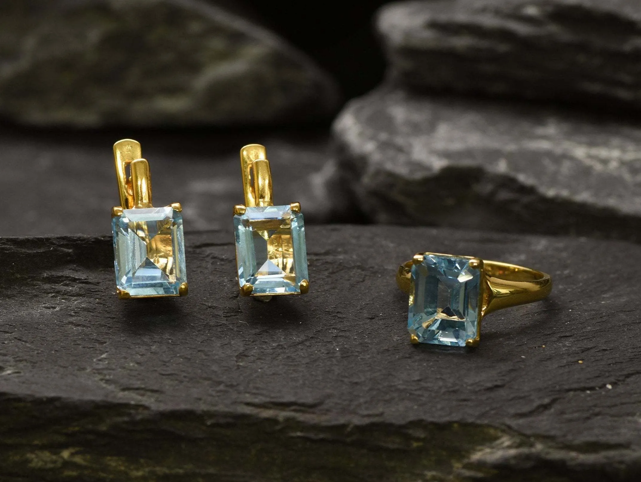 Gold Blue Topaz Earrings - Blue Square Earrings, Natural Blue Topaz Earrings