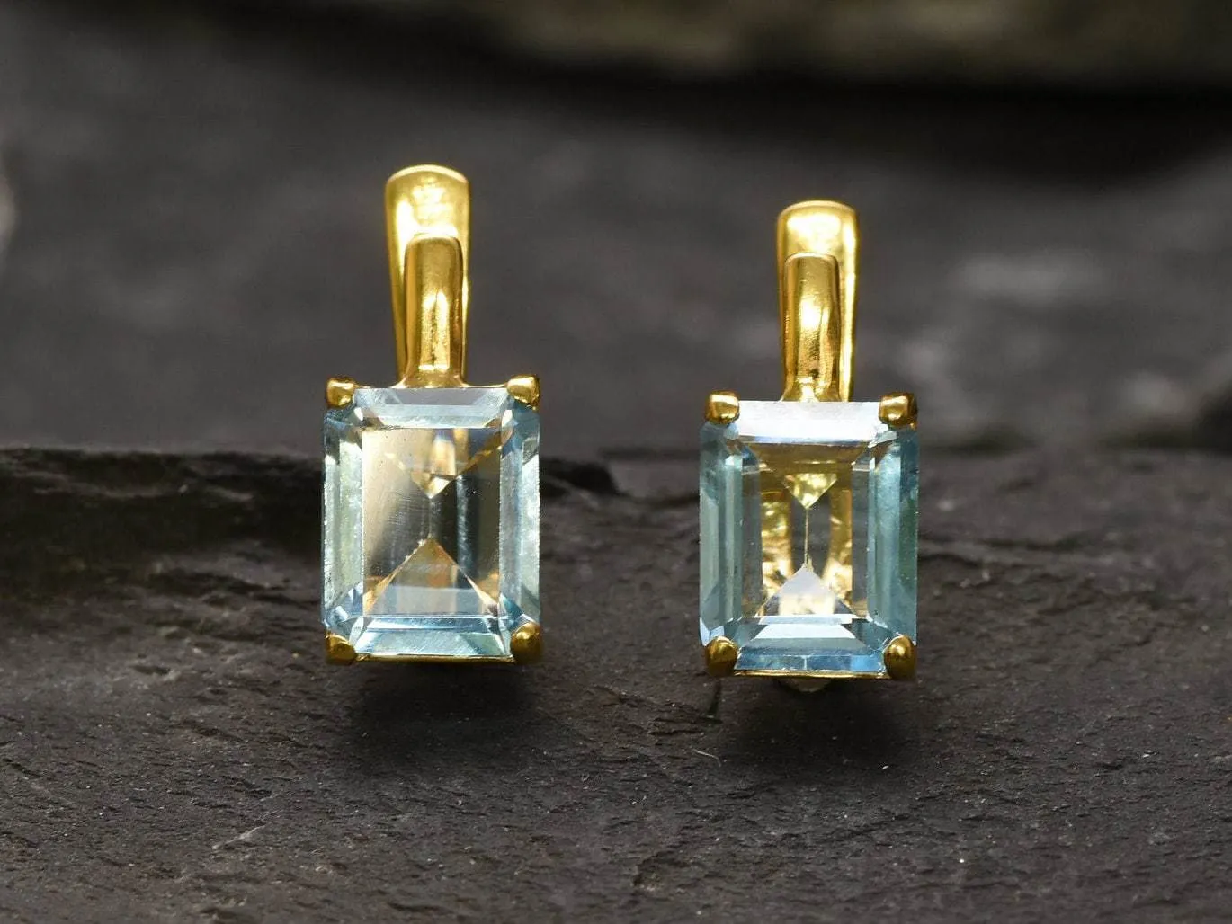 Gold Blue Topaz Earrings - Blue Square Earrings, Natural Blue Topaz Earrings