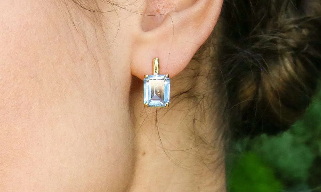 Gold Blue Topaz Earrings - Blue Square Earrings, Natural Blue Topaz Earrings