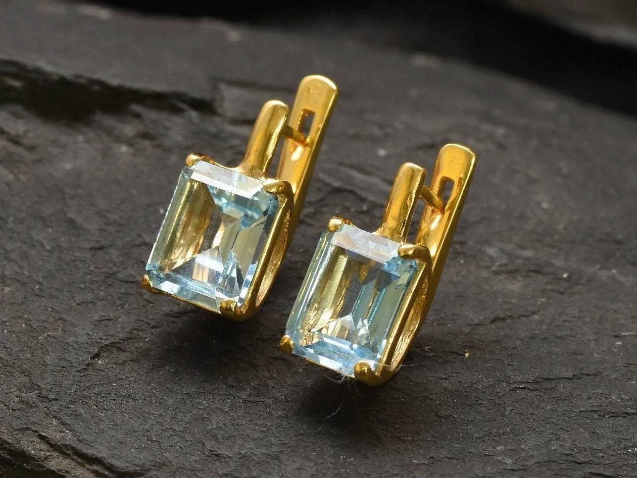 Gold Blue Topaz Earrings - Blue Square Earrings, Natural Blue Topaz Earrings