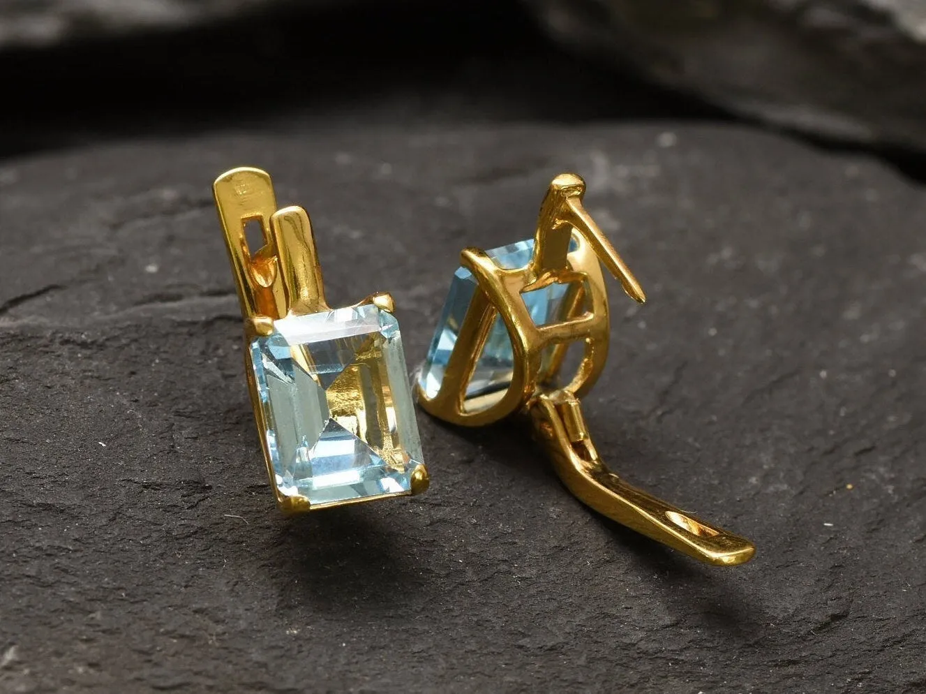 Gold Blue Topaz Earrings - Blue Square Earrings, Natural Blue Topaz Earrings