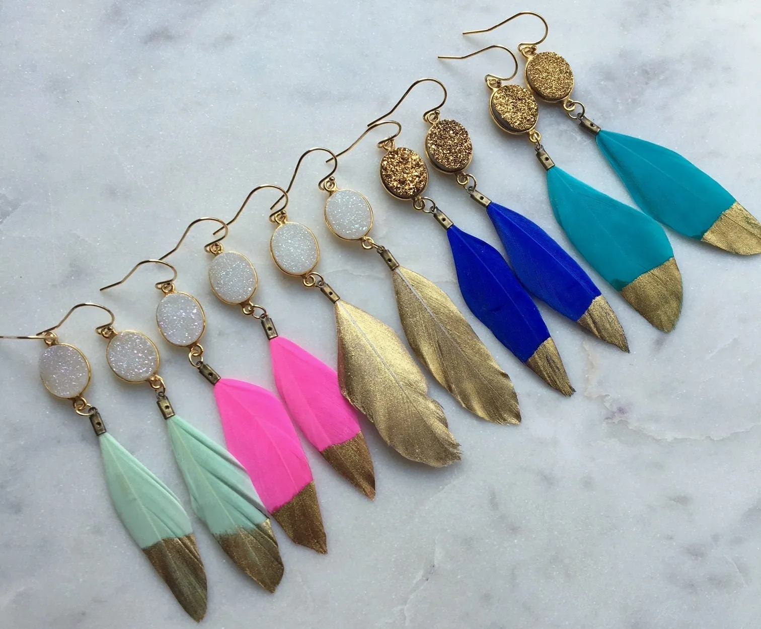 Gold Dipped Feather Earrings, Gold Druzy Earrings, White Druzy Earrings, Feather Earrings, Statement Gold Dipped Feathers, Unique Gifts