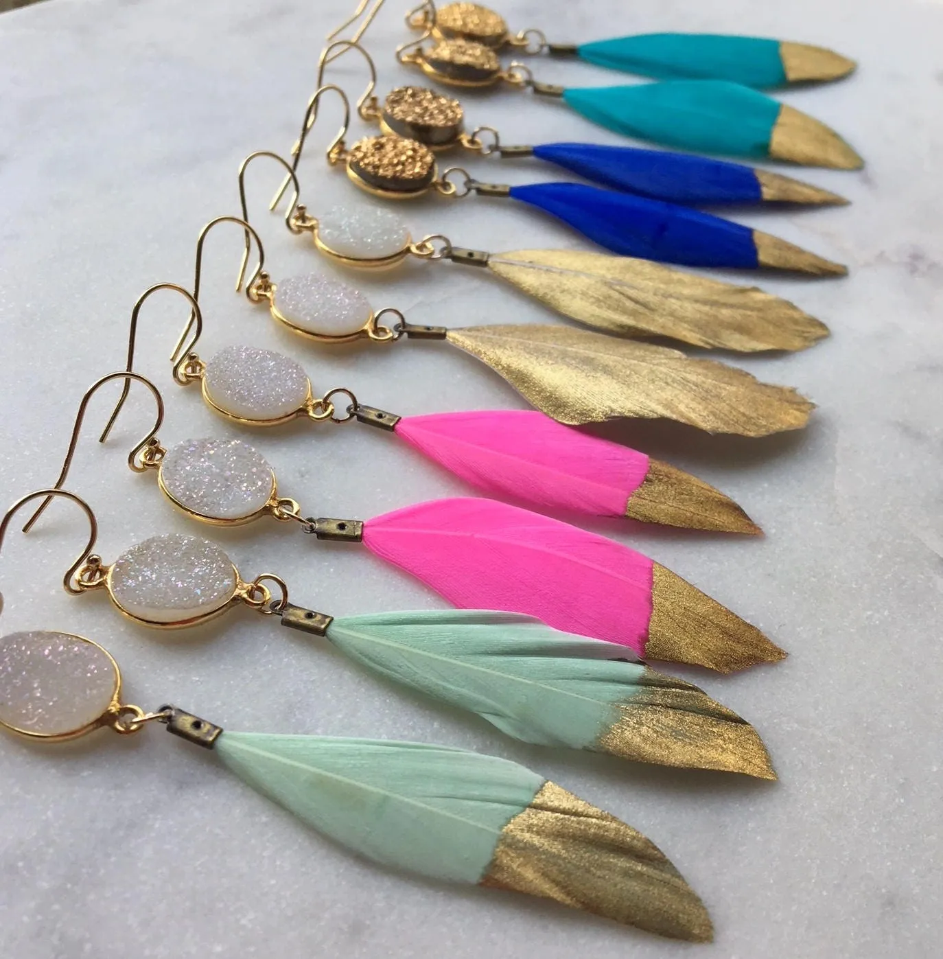 Gold Dipped Feather Earrings, Gold Druzy Earrings, White Druzy Earrings, Feather Earrings, Statement Gold Dipped Feathers, Unique Gifts