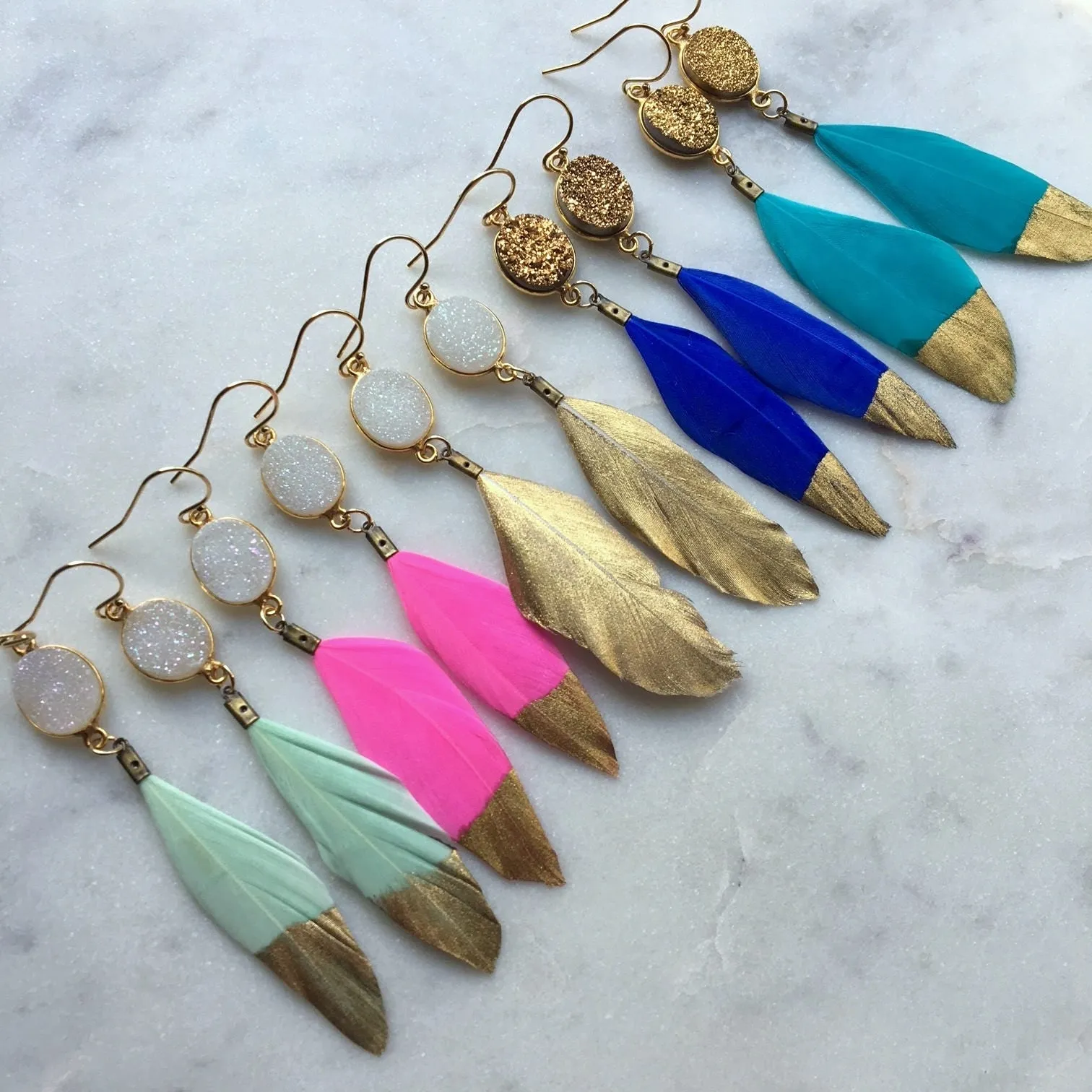 Gold Dipped Feather Earrings, Gold Druzy Earrings, White Druzy Earrings, Feather Earrings, Statement Gold Dipped Feathers, Unique Gifts