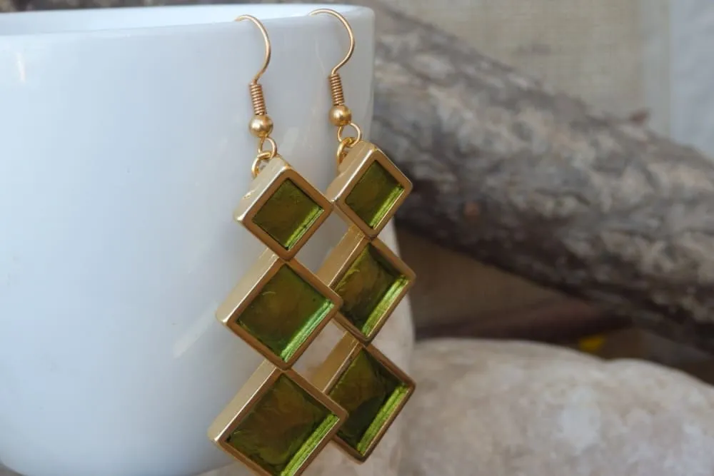 Gold Green Square Earrings