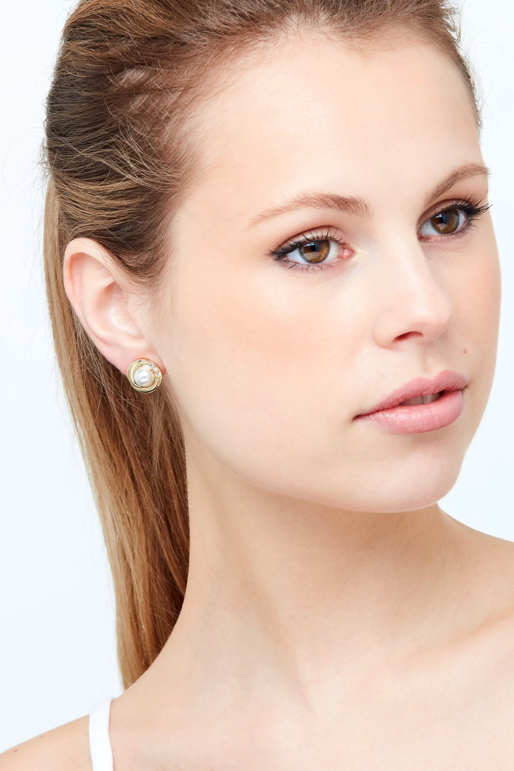 Gold Pearl & Crystal Stud Clip Earrings