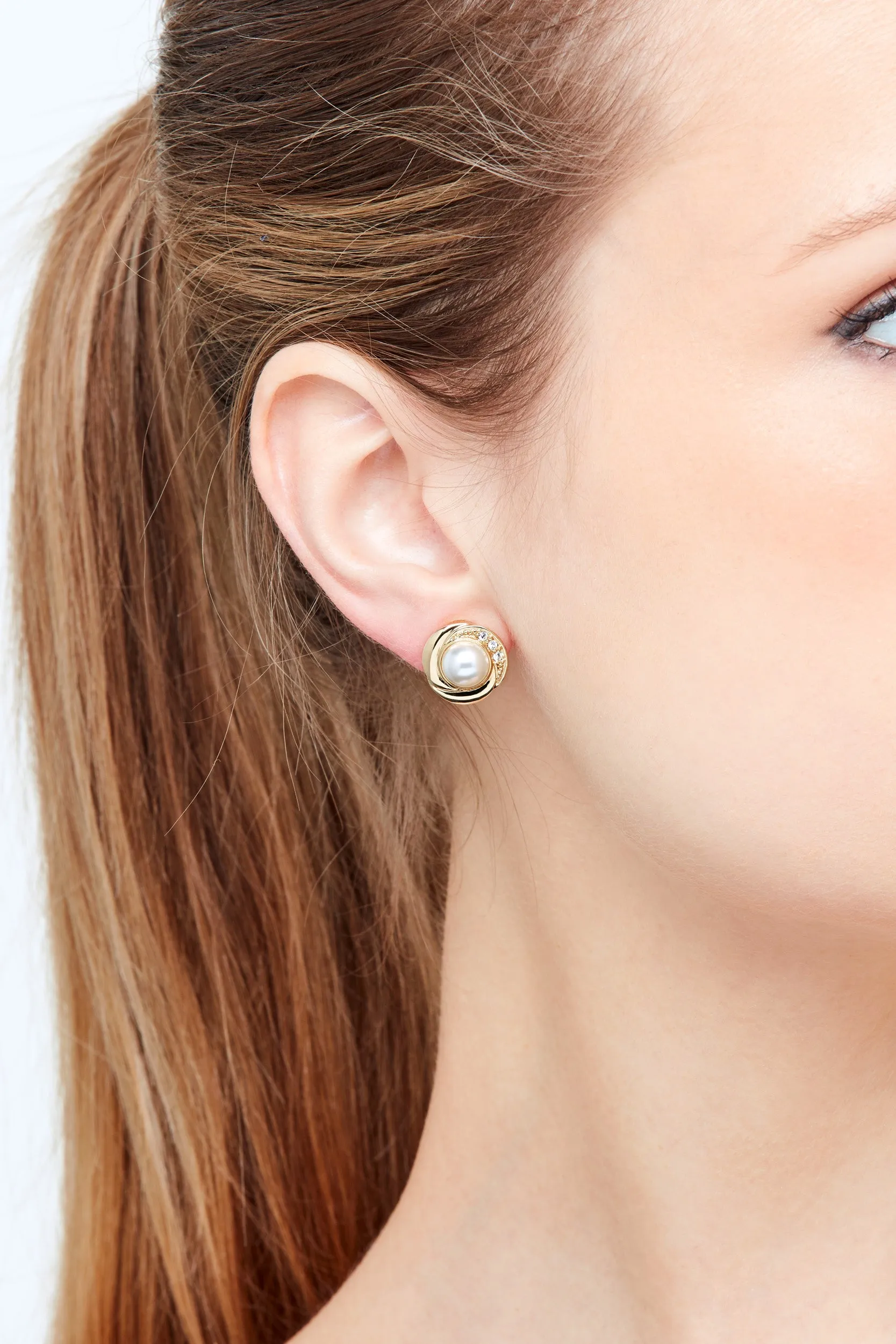 Gold Pearl & Crystal Stud Clip Earrings