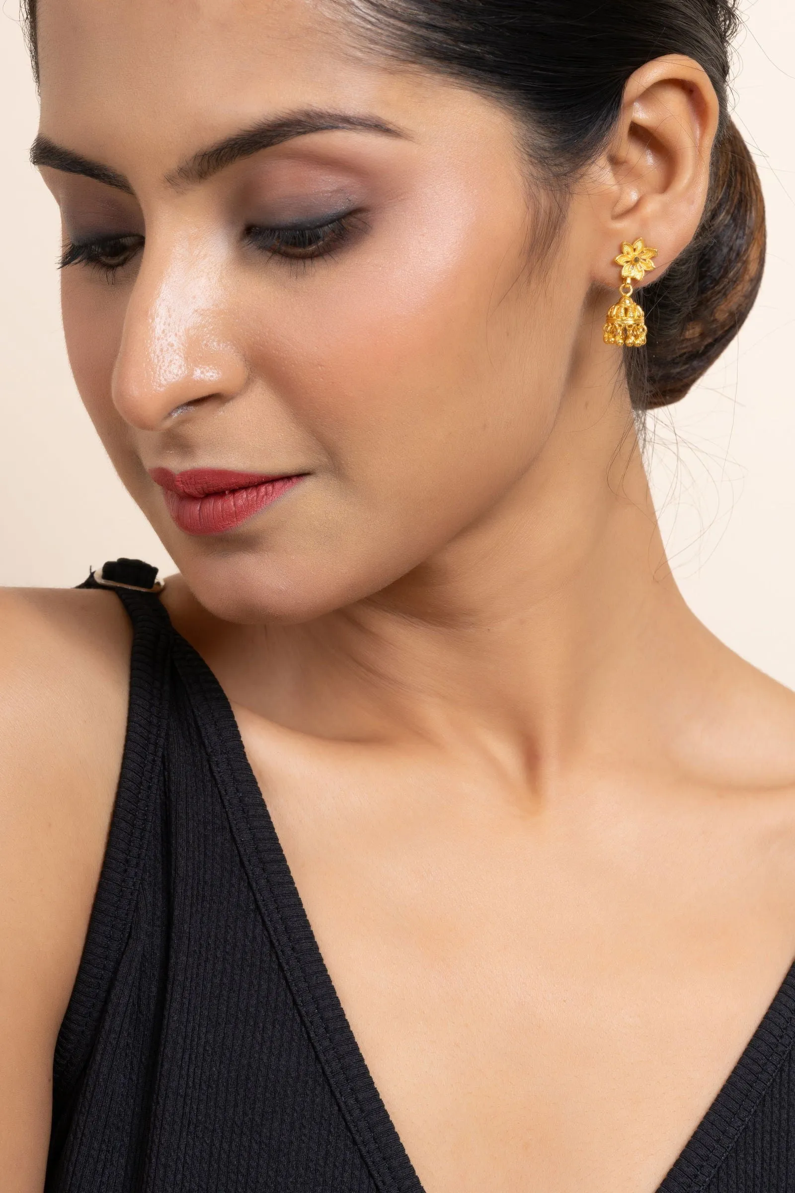 Gold Plated 1.5g Small Floral Stud Jhumka Earrings - Elegant Jewelry for All Occasions