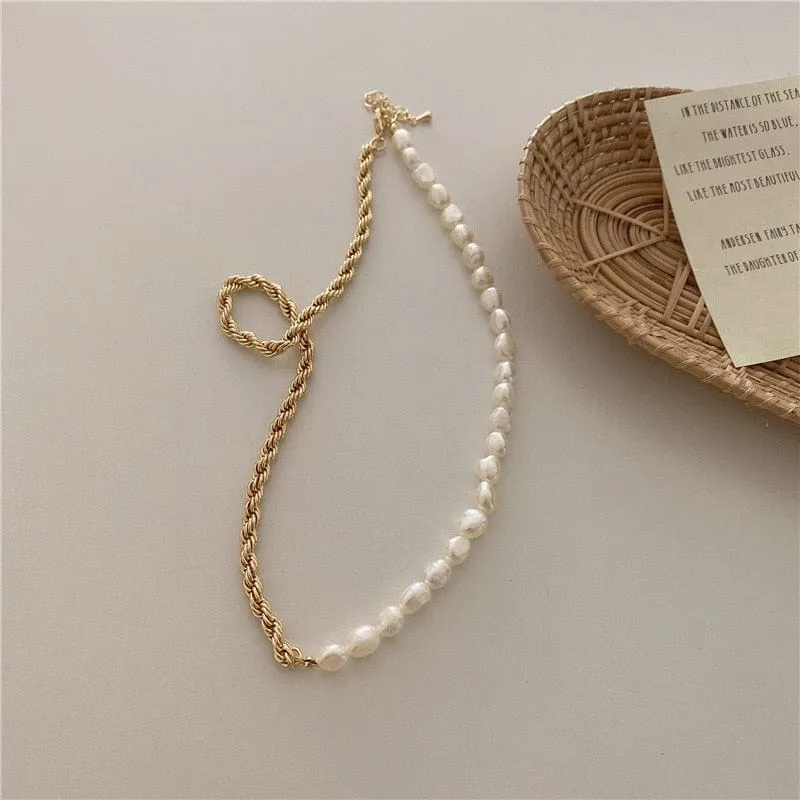 Gold Plating Half Freshwater Pearl Half Rope Twist Gold Chain Choker Necklace