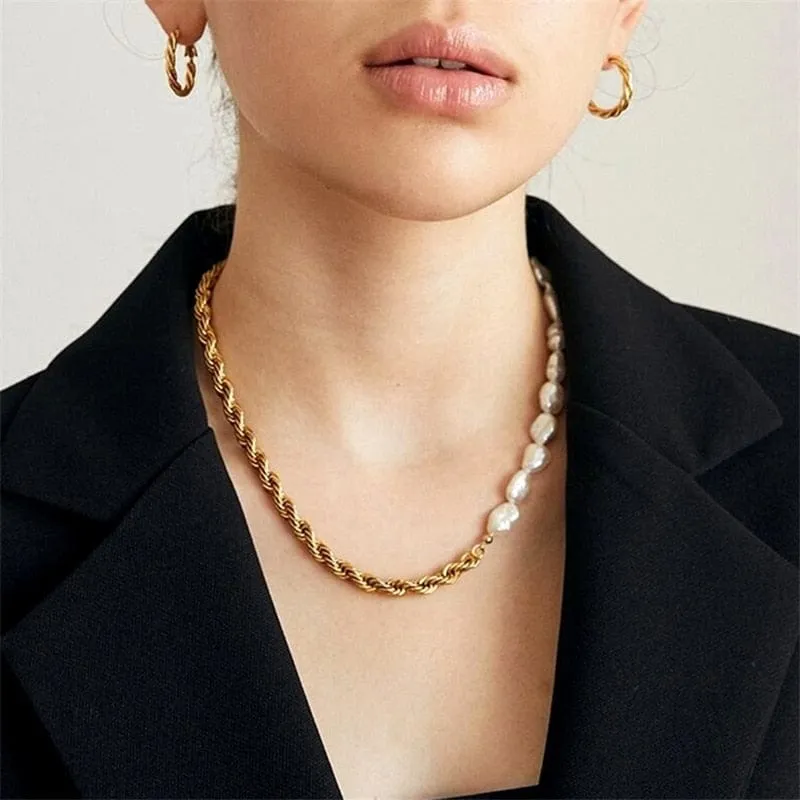 Gold Plating Half Freshwater Pearl Half Rope Twist Gold Chain Choker Necklace