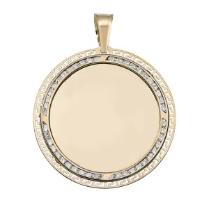 Greek Key CZ Picture Frame Memory Medallion Pendant 10K Yellow Gold