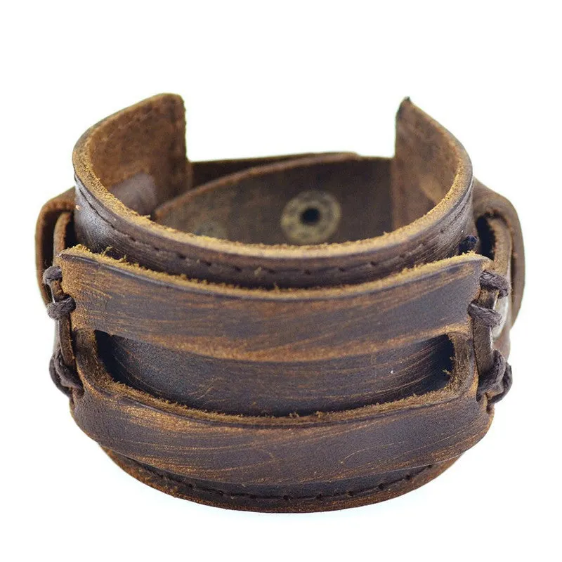 Handmade Genuine Leather Bracelets Fashion Black Brown Punk Wide Cuff Bracelets & bangle for Women Men Jewelry Accessory