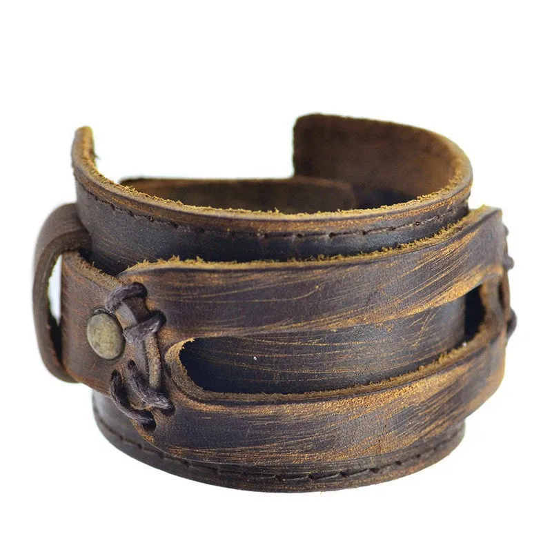 Handmade Genuine Leather Bracelets Fashion Black Brown Punk Wide Cuff Bracelets & bangle for Women Men Jewelry Accessory