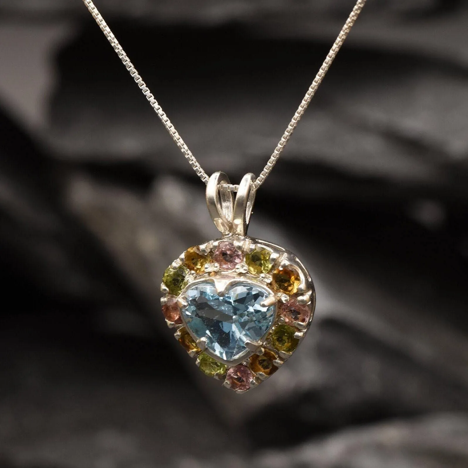 Heart Topaz Pendant - Blue Topaz Necklace - Vintage Multistone Necklace