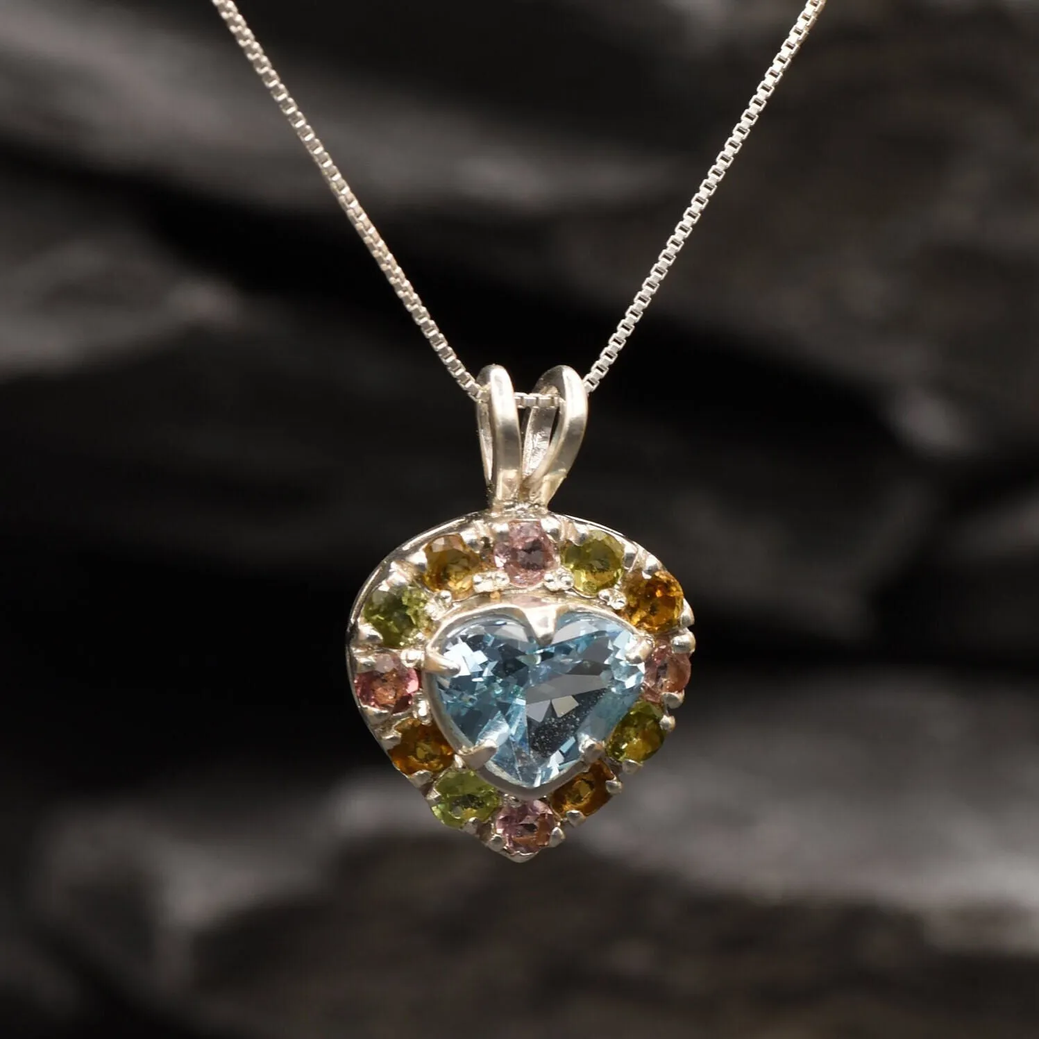 Heart Topaz Pendant - Blue Topaz Necklace - Vintage Multistone Necklace