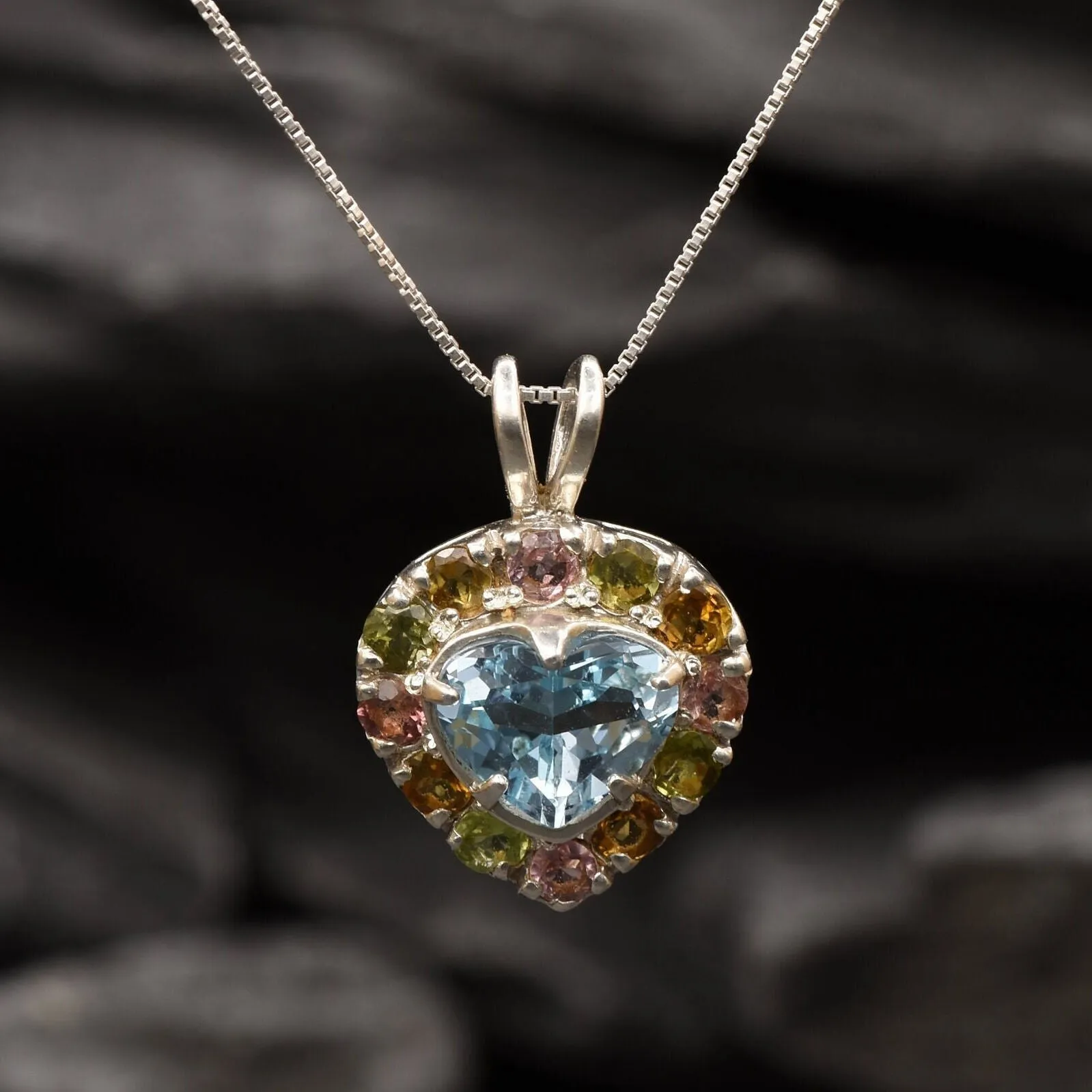 Heart Topaz Pendant - Blue Topaz Necklace - Vintage Multistone Necklace